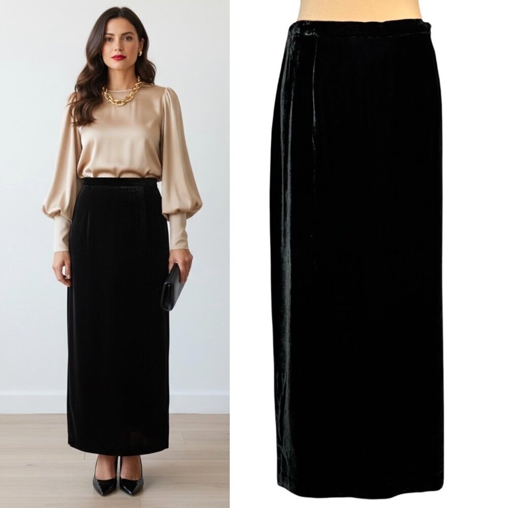 VTG 90s Bloomingdale’s Silk Blend Black Velvet Maxi Skirt SZ XL Side Slit Event